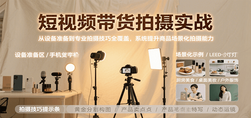 短视频带货拍摄实战，从设备准备到专业拍摄技巧全覆盖，系统提升商品场景化拍摄能力 - 副业联盟-副业联盟