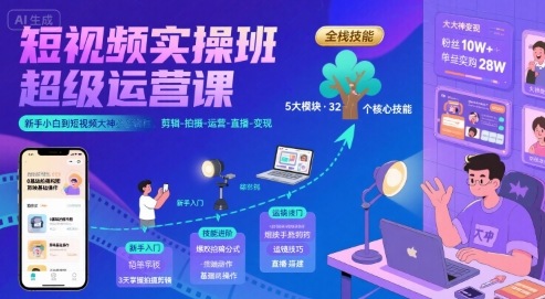 短视频实操班超级运营课，新手小白到短视频大神必修课程，剪辑-拍摄-运营-直播-变现 - 副业联盟-副业联盟