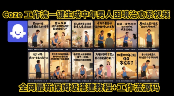 coze工作流一键生成”中年男人困境扎心高涨粉高播放量图文视频”保姆级拆解教程，无需剪辑，无需拍摄写文案 - 副业联盟-副业联盟