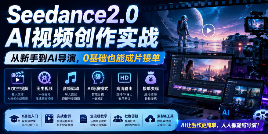 Seedance2.0 AI视频创作实战,从新手到AI导演,0基础也能成片接单变现|副业联盟