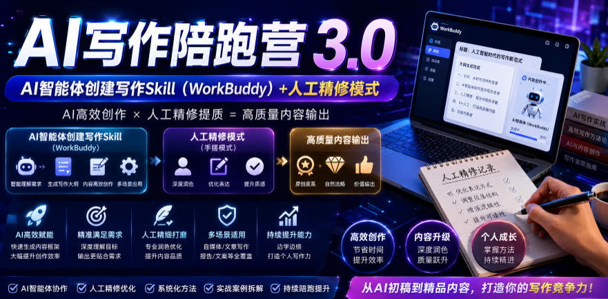 AI写作陪跑营3.0,Ai智能体创建写作skill(workbuddy)+人工手写模式(手搓模式),去除AI痕迹(头条号、公众号、百家号)|副业联盟