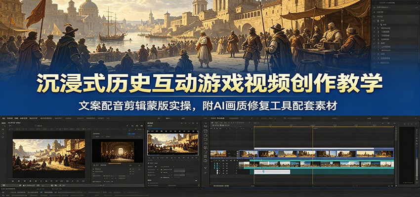 沉浸式历史互动游戏视频创作教学:文案配音剪辑蒙版实操,附AI画质修复工具配套素材|副业联盟