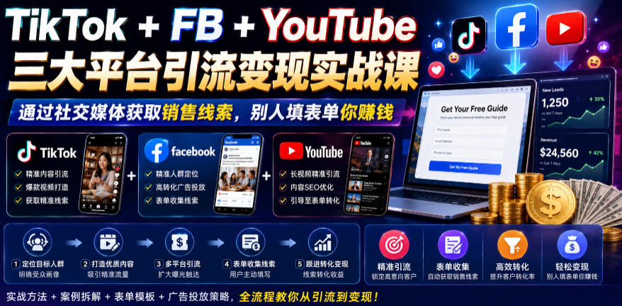 TikTok+FB+YouTube三大平台引流变现实战课,通过社交媒体获取销售线索,别人填表单你賺钱【原创双语字幕】|副业联盟