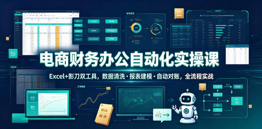 电商财务办公自动化实操课,Excel+影刀双工具,数据清洗・报表建模・自动对账,全流程实战|副业联盟
