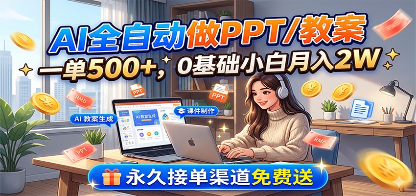 AI全自动做PPT/教案,一单500+,0基础小白月入2W,永久接单渠道免费送|副业联盟