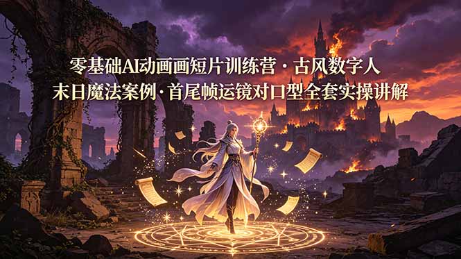 零基础AI动画短片训练营,古风数字人末日魔法案例,首尾帧运镜对口型全套实操讲解|副业联盟