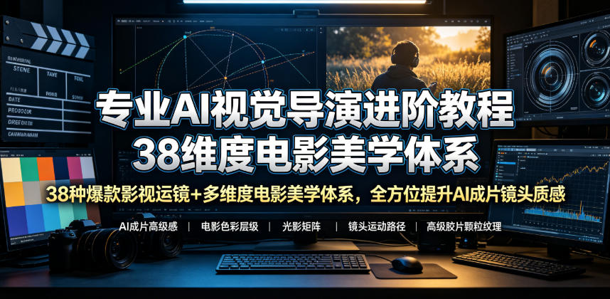 专业AI视觉导演进阶教程，38种爆款影视运镜+多维度电影美学体系，全方位提升AI成片高级感与镜头质感 - 副业联盟|副业联盟