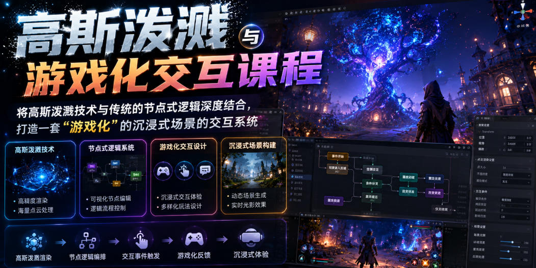高斯泼溅与游戏化交互课程,将高斯泼溅技术与传统的节点式逻辑深度结合,打造一套“游戏化”的沉浸式场景的交互系统|副业联盟
