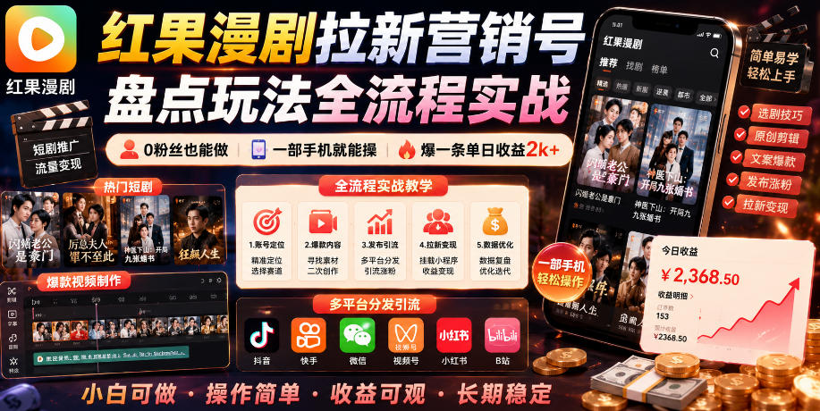 红果漫剧拉新营销号盘点玩法全流程实战,0粉丝也能做,一部手机就能做,爆一条单日收益2k+(更新0628)|副业联盟