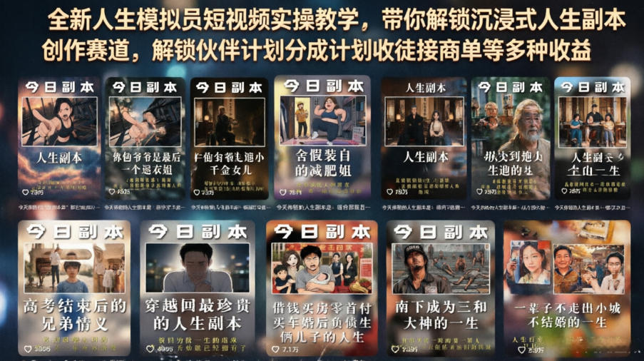 全新人生模拟员短视频实操教学，带你解锁沉浸式人生副本创作赛道，解锁伙伴计划分成计划收徒接商单等多种收益 - 副业联盟|副业联盟