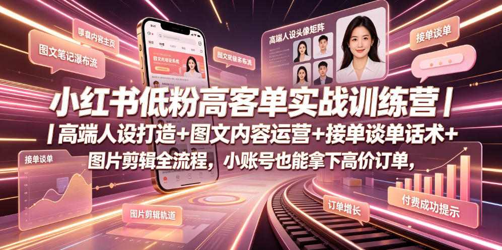 小红书低粉高客单实战训练营|高端人设打造+图文内容运营+接单谈单话术+图片剪辑全流程,小账号也能拿下高价订单|副业联盟
