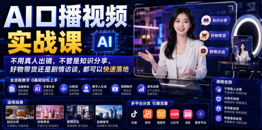 AI口播视频实战课,不用真人出镜,不管是知识分享、好物带货还是剧情访谈,都可以快速落地|副业联盟
