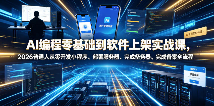 AI编程零基础到软件上架实战课,2026普通人从零开发小程序、部署服务器、完成备案全流程项目落地教程|副业联盟