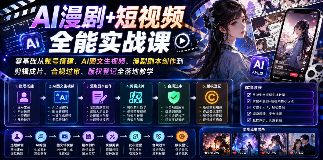 AI漫剧+短视频全能实战课|零基础从账号搭建、AI图文生视频、漫剧剧本创作到剪辑成片、合规过审、版权登记全落地教学|副业联盟