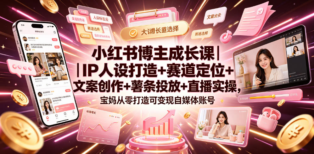 小红书博主成长课｜IP人设打造+赛道定位+文案创作+薯条投放+直播实操，宝妈从零打造可变现自媒体账号|副业联盟