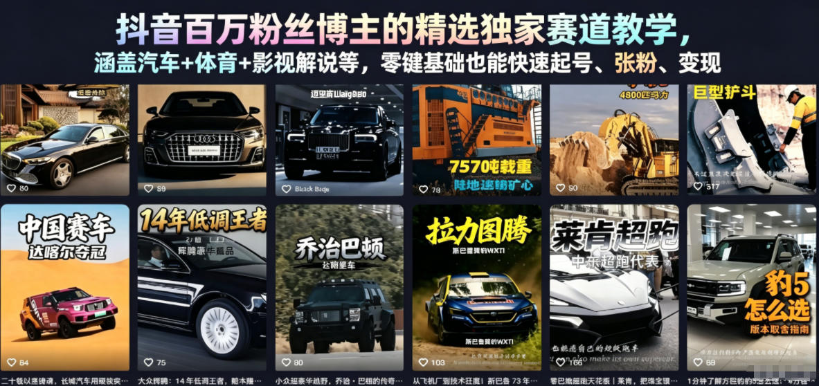 抖音百万粉丝博主的精选独家赛道教学,涵盖汽车+体育+影视解说等,零基础也能快速起号、涨粉、变现(更新0701)|副业联盟