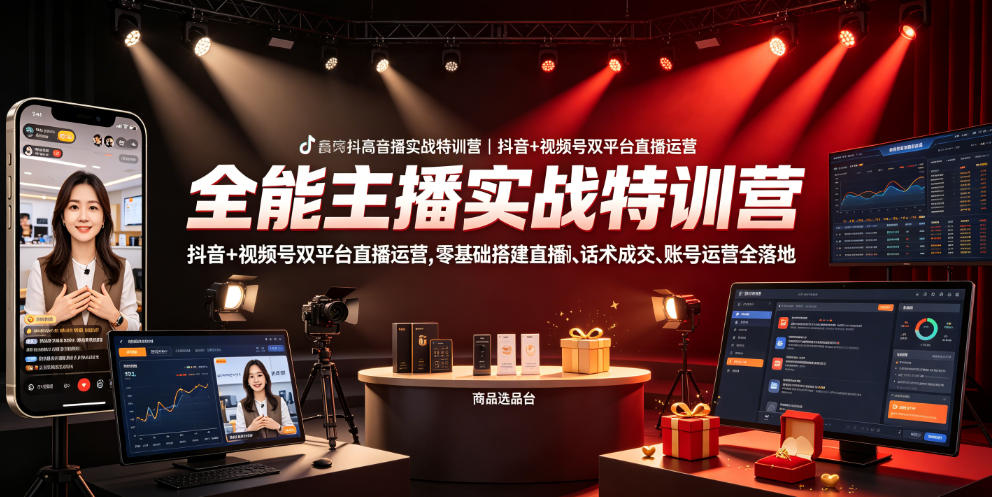 全能主播实战特训营|抖音+视频号双平台直播运营,零基础搭建直播间、精准选品、话术成交、账号运营全落地|副业联盟