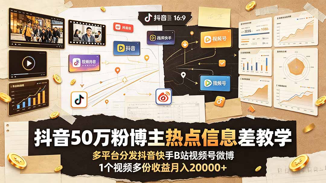 抖音50万粉博主热点信息差教学:多平台分发抖音快手B站视频号微博,1个视频多份收益月入20000+|副业联盟