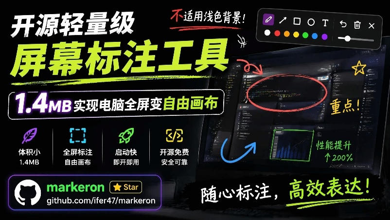 开源轻量级屏幕标注工具,1.4MB实现电脑全屏变自由画布!支持8种标注工具和全键盘操控MarkerOn|副业联盟