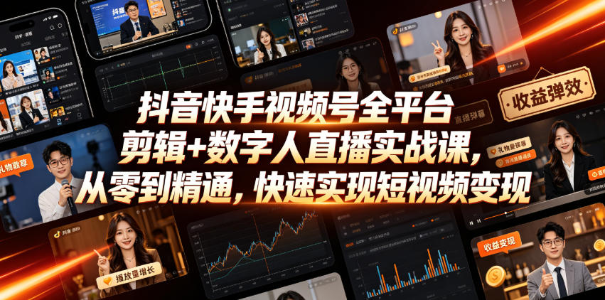 抖音快手视频号全平台剪辑+数字人直播实战课，从零到精通，快速实现短视频变现(更新2026年6月)​|副业联盟