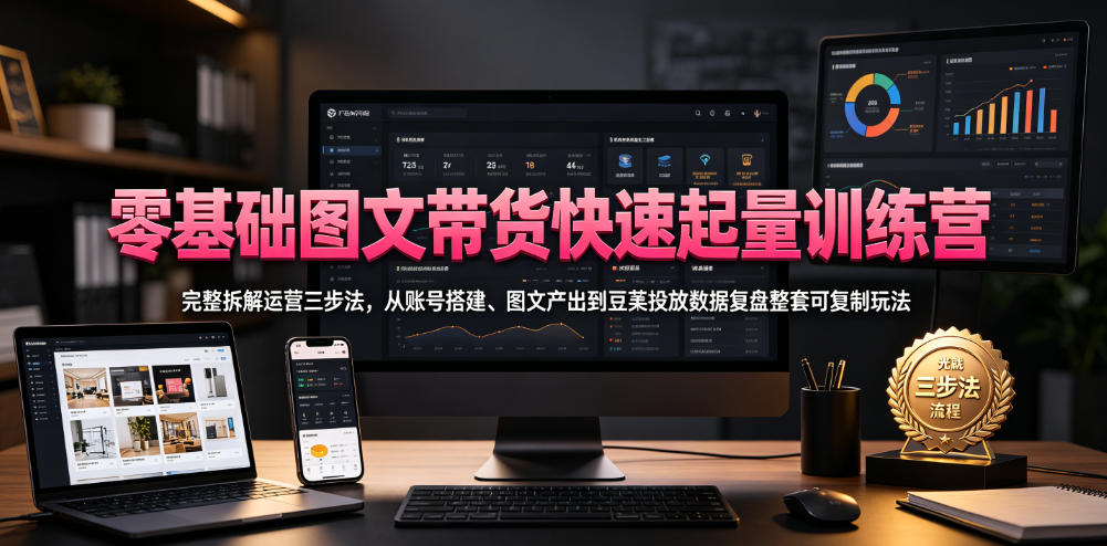 零基础图文带货快速起量训练营,完整拆解运营三步法,从账号搭建、图文产出到豆荚投放数据复盘整套可复制玩法|副业联盟