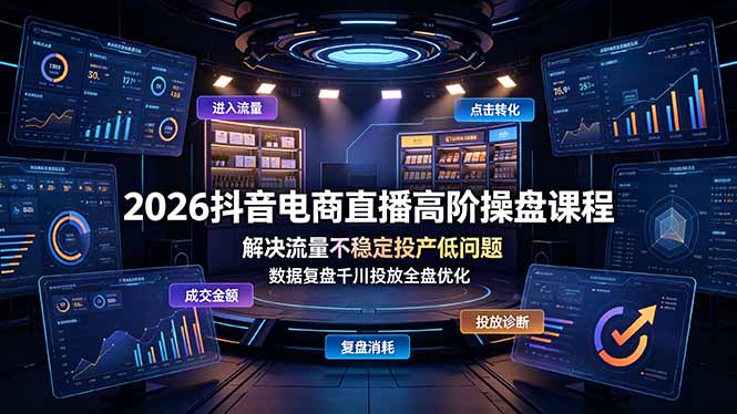 2026抖音电商直播高阶操盘课程,解决流量不稳定投产低问题,数据复盘千川投放全盘优化|副业联盟