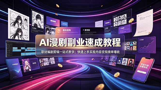 AI漫剧副业速成教程,取材编剧剪辑一站式教学;快速上手实现内容变现接单增收|副业联盟