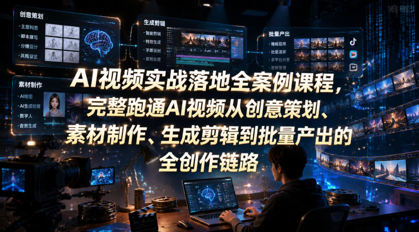 AI视频实战落地全案例课程,完整跑通AI视频从创意策划、素材制作、生成剪辑到批量产出的全创作链路|副业联盟