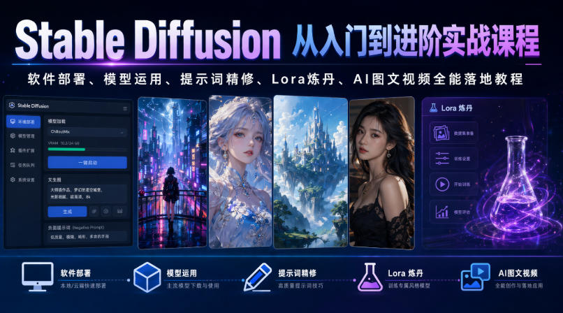 Stable Diffusion从入门到进阶实战课程｜软件部署、模型运用、提示词精修、Lora炼丹、AI图文视频全能落地教程 - 副业联盟|副业联盟