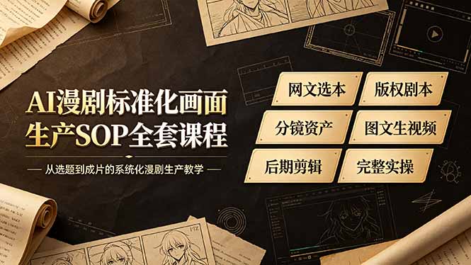 AI漫剧标准化画面生产SOP全套课程,网文选本版权剧本分镜资产全覆盖,图文生视频后期剪辑完整实操教学|副业联盟