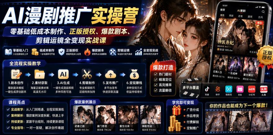 AI漫剧推广实操营｜零基础低成本制作、正版授权、爆款剧本、剪辑运镜全变现实战课 - 副业联盟|副业联盟