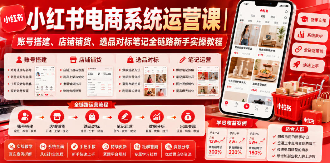 小红书电商系统运营课|账号搭建、店铺铺货、选品对标笔记全链路新手实操教程|副业联盟