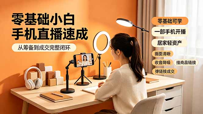 零基础小白手机直播速成,从筹备到成交完整闭环,适配苹果安卓系统,解决杂音卡顿留人难问题|副业联盟