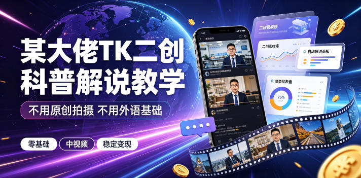 某大佬TK二创科普解说教学,不用原创拍摄不用外语基础,零基础做TikTok中视频稳定变现|副业联盟