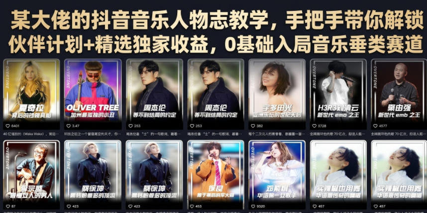某大佬的抖音音乐人物志教学,手把手带你解锁伙伴计划+精选独家收益,0基础入局音乐垂类赛道|副业联盟