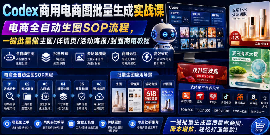 Codex商用电商图批量生成实战课｜电商全自动生图SOP流程，一键批量做主图/详情页/活动海报/封面商用教程|副业联盟