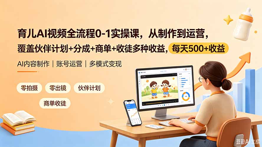 育儿AI视频全流程0-1实操课,从制作到运营,覆盖伙伴计划+分成+商单+收徒多种收益,每天500+收益|副业联盟