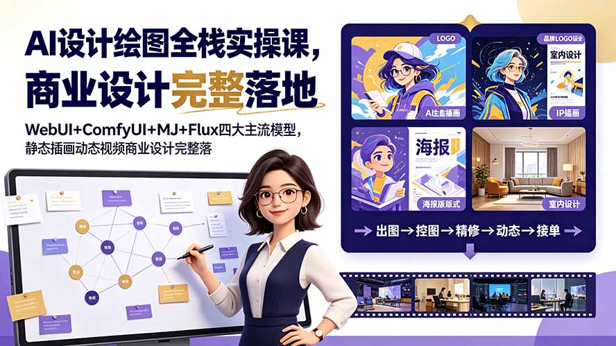 AI设计绘图全栈实操课,WebUI+ComfyUI+MJ+Flux四大主流模型,静态插画动态视频商业设计完整落地教程|副业联盟