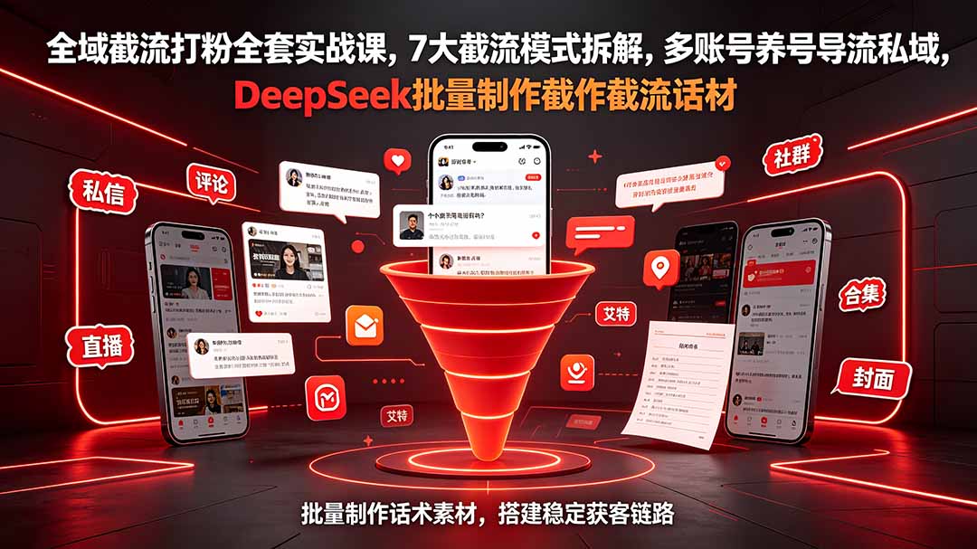 全域截流打粉全套实战课,7大截流模式拆解,多账号养号导流私域,DeepSeek批量制作截流话术素材|副业联盟