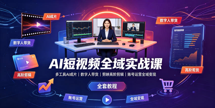 AI短视频全域实战课|多工具AI成片、数字人带货、剪映高阶剪辑、账号运营全域变现全套教程|副业联盟