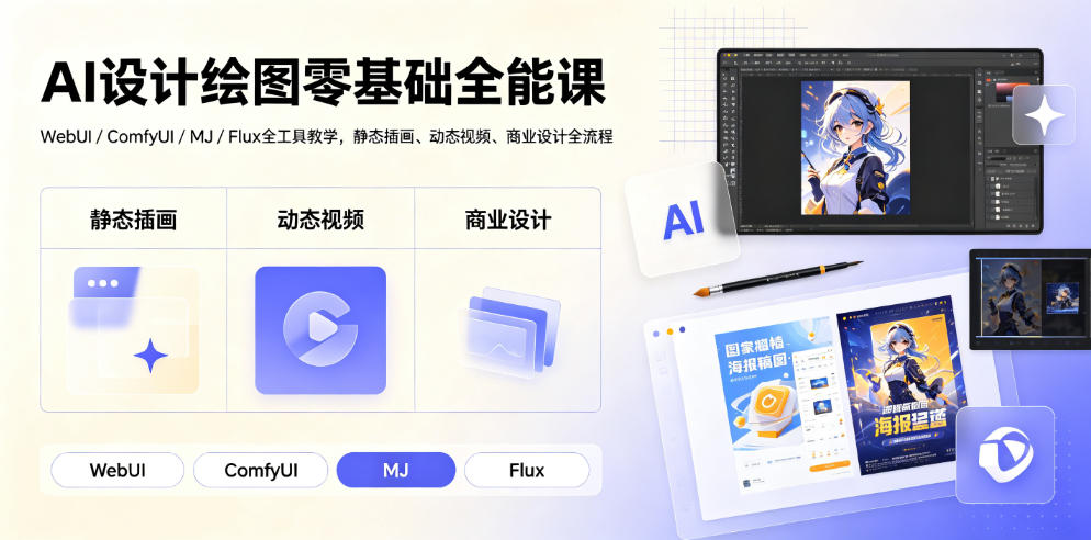 AI设计绘图零基础全能课|WebUI/ComfyUI/MJ/Flux全工具教学,静态插画、动态视频、商业设计全流程|副业联盟