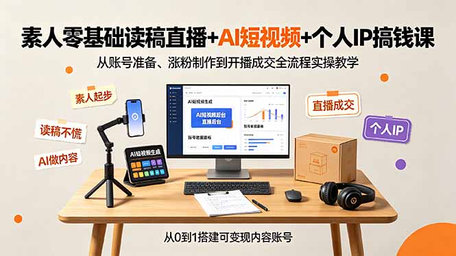 素人零基础读稿直播+AI短视频+个人IP搞钱课,从账号准备、涨粉制作到开播成交全流程实操教学|副业联盟