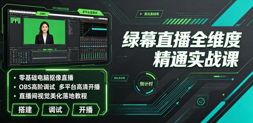 绿幕直播全维度精通实战课|零基础电脑抠像直播、OBS高阶调试、多平台高清开播、直播间视觉美化落地教程|副业联盟