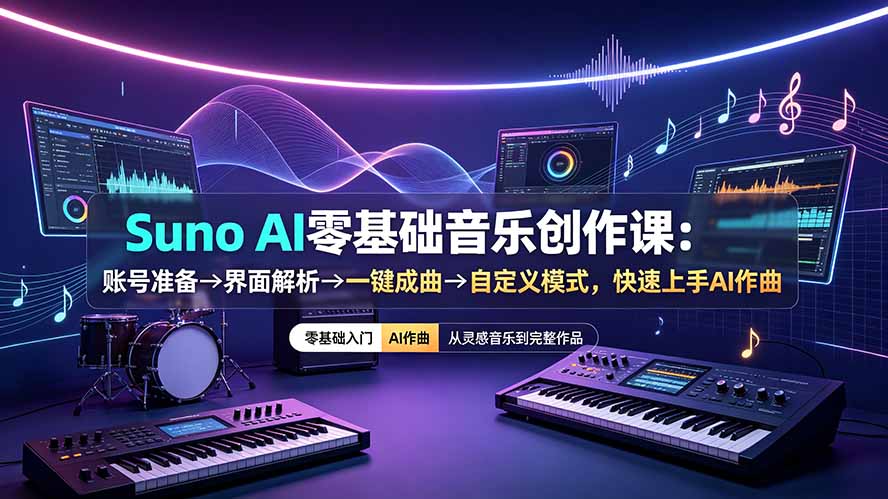 Suno AI零基础音乐创作课:账号准备→界面解析→一键成曲→自定义模式,快速上手AI作曲|副业联盟