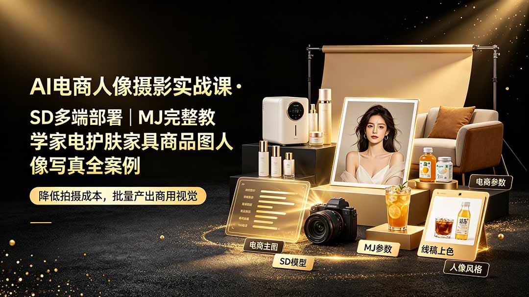 AI电商人像摄影实战课·SD多端部署|MJ完整教学|家电护肤家具商品图人像写真全案例|副业联盟
