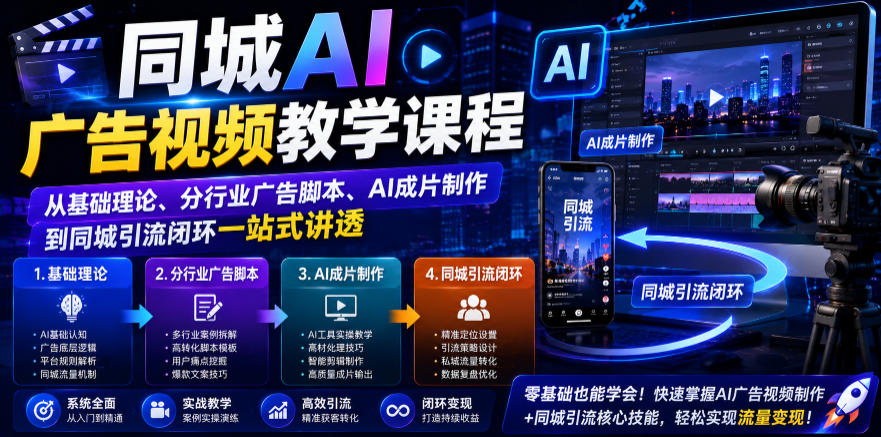 同城AI广告视频教学课程,从基础理论、分行业广告脚本、AI成片制作到同城引流闭环一站式讲透|副业联盟