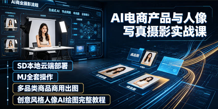 AI电商产品与人像写真摄影实战课|SD本地云端部署、MJ全套操作、多品类商品商用出图、创意风格人像AI绘图完整教程|副业联盟