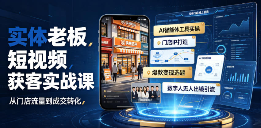 实体老板短视频获客实战课｜AI智能体工具全套实操、门店IP打造、爆款变现选题、数字人无人出镜引流完整教程 - 副业联盟|副业联盟