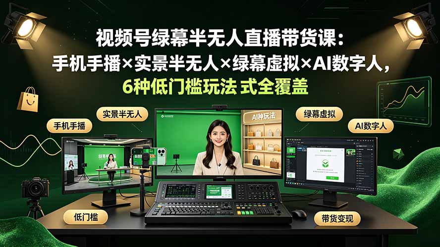 视频号绿幕半无人直播带货课:手机手播×实景半无人×绿幕虚拟×AI数字人,6种低门槛玩法全覆盖|副业联盟