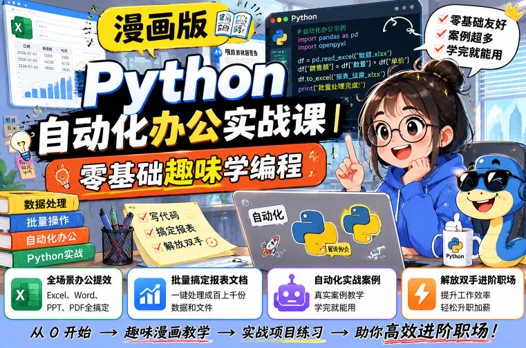 漫画版Python自动化办公实战课|零基础趣味学编程,全场景办公提效、批量搞定报表文档、解放双手进阶职场|副业联盟